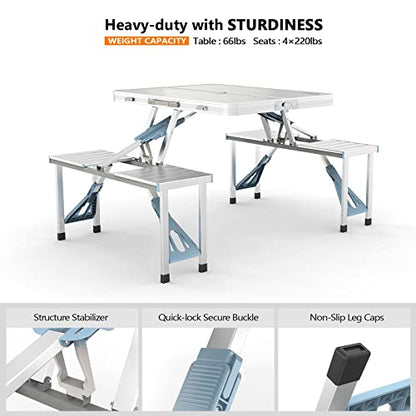 VINGLI 4Ft Folding Camping Picnic Table with Seats/Umbrella Hole-265 Lbs Support that Lightweight and Fold Up Card Suitcase Table Aluminum Alloy Frame, RV Tabletop with Soft Handl - color: White