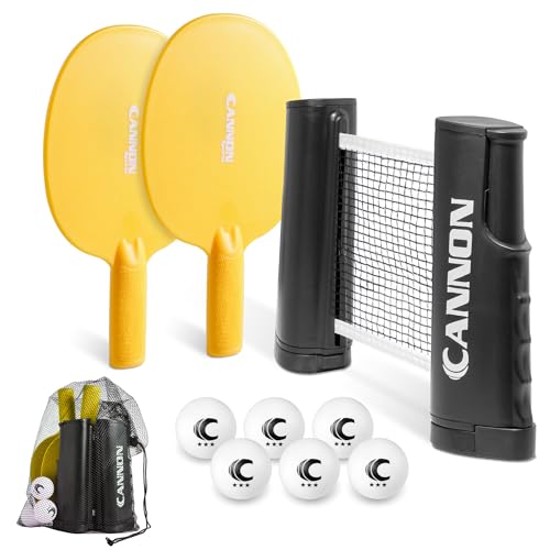 Cannon Sports Table Tennis Set – 2 Unbreakable Paddles, 6 3-Star Balls, Retractable Net & Carry Bag – Clamp-On Portable Ping Pong Net Fits Tables up to 2 Inch Thick, Extends to 6 Feet - color: Yellow