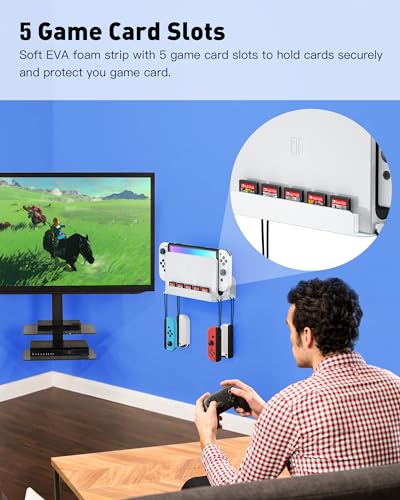 Wall Mount for Nintendo Switch 1 and Switch OLED, Metal Wall Mount Shelf Kit with 5 Game Card Holders and 4 Joy Con Hooks, Safely Store Switch Console Near or Behind TV, White - color: White