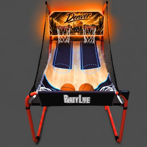 PartyLife 2-Player Basketball Arcade Game w/Optional LED Lights | Electronic Scoring | 5 Balls, 1 Pump, 8 Games | Folding Design | Heavy-Duty Steel Frame - Choose Your Model - color: DENVER, style: w/ LED Lights