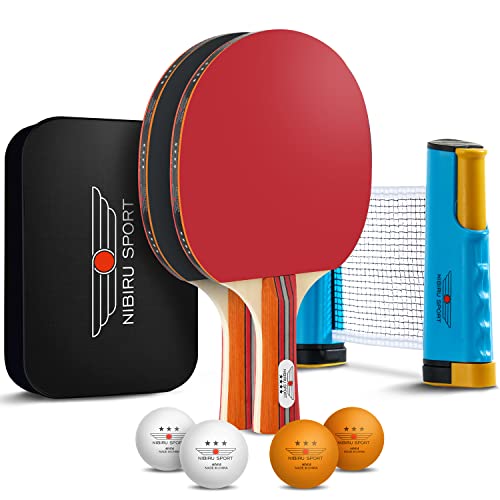 NIBIRU SPORT Professional Ping Pong Paddle Sets - 2 Player or 4 Player Table Tennis Paddles, Retractable Net, Pingpong Balls and Carry Bag Storage Case - Table Tennis Equipment & Ping Pong Accessories - style: 2 Paddles+4 Balls+Net