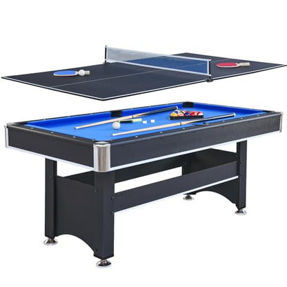 Tomkate 6-Foot Pool and Table Tennis Multi Game with Felt and Table Tennis Surface. Includes Billiard Accessories, Cues, Paddles and Balls for Family Game Room - color: Blue Felt with Black Body