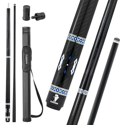 Carbon Fiber Pool Cue Stick with Case, 2pieces 58inch Low Deflection Professional Cue Stick for Billiards, Pro Taper Carbon Fibre Shaft with 12.5mm Tip (19oz-20oz)