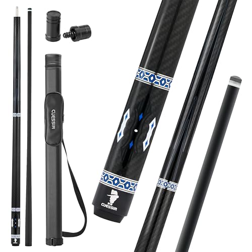 Carbon Fiber Pool Cue Stick with Case, 2pieces 58inch Low Deflection Professional Cue Stick for Billiards, Pro Taper Carbon Fibre Shaft with 12.5mm Tip (19oz-20oz)