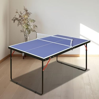 4.5ft Foldable Table Tennis Table Set with Steel Frame, Quick Assembly 54''X30'' Stable Ping Pong Table with Net, 2 Paddles & 3 Balls for Indoor Outdoor Family Game for Adults/Teens, Blue