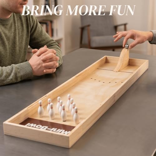 Extguds Wooden Mini Bowling Game Set 2-in-1 with Tabletop Bowling& Curling – Includes Reset Aid Board Tool & Anti-Splash Guard – Handcrafted Wooden Desktop Game for Family Office Party Fun