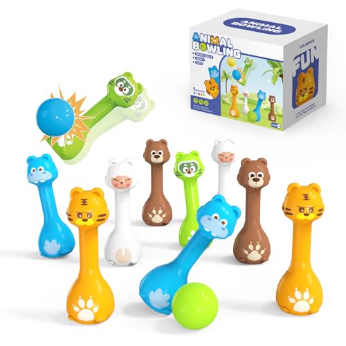 Bowling Set for Kids 2-5, Indoor Bowling Game Toy for 3 4 Year, 10 Plastic Bowling Pins 2 Bowling Ball, Animal Toddler Bowling Set, Birthday Gifts for 2 3 4 5 Year Old Boys & Girls