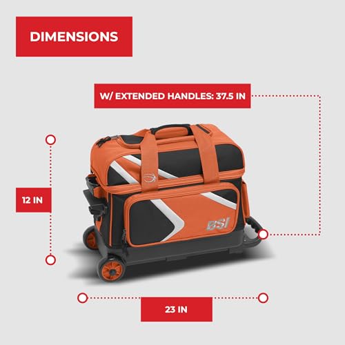 BSI Dash Roller Bowling Bag with Smooth Rolling Wheels, Padded Ball Compartment, Retractable Locking Handle, & Shoe Pocket - color: Black/Orange/White, style: Double