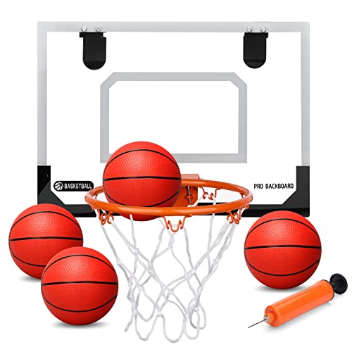 Larger Indoor Basketball Hoop with 9" Large Dunk Rim for Kids and Adults, Over The Door Basketball Hoop for Bedroom with 3 Rubber Small 6" Basketball Sport Toy Gifts - style: Shatterproof