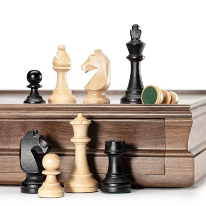 A&A 15 inch Walnut Wooden Chess Set with Storage Drawer, Triple Weighted Pieces, 3.0 inch King Height, Walnut & Maple Inlay, 2 Extra Queen, Classic 2 in 1 Chess and Checkers Board Game