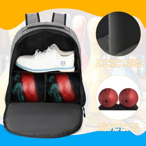 Goloni 2 Ball Bowling Backpack,Bowling Ball Bag with Shoe Compartment & Portective Foam Padded, Fits Shoes Up to US Size 16 - color: Grey