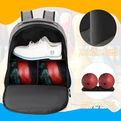 Goloni 2 Ball Bowling Backpack,Bowling Ball Bag with Shoe Compartment & Portective Foam Padded, Fits Shoes Up to US Size 16 - color: Grey