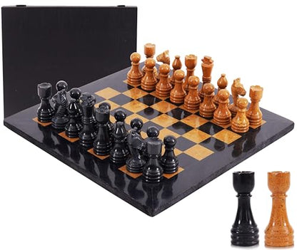 Marble Chess Set 15" Inches Black & Golden with Storage Box and 2 Extra Queen Handmade Classic Board Games for Adults, Luxury Marble Chess Board & Chess Pieces for Gifts - color: Black & Golden