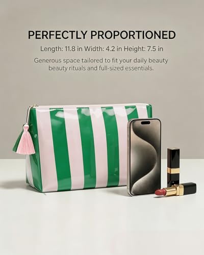 LETGO Green Pink Striped Waterproof PVC Beach Makeup Bag with Tassel Zipper, Large Preppy Coastal Summer Beach Vacation Travel Toiletry Cosmetic Pouch for Women(Green Pink) - color: Green Pink