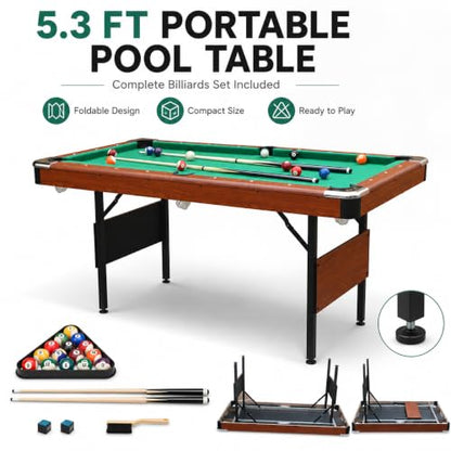 5.3 FT Pool Table Portable Foldable Billiards Table for Kids & Adults with with Balls, Cues, Chalk, Rack & Brush, Compact Space-Saving Game Table for Family Game Room & Office - color: Brown+Green