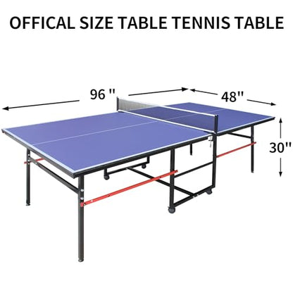 8ft Mid-Size Table Tennis Table Foldable & Portable Ping Pong Table Set for Indoor Games with Net, 2 Table Tennis Paddles and 3 Balls