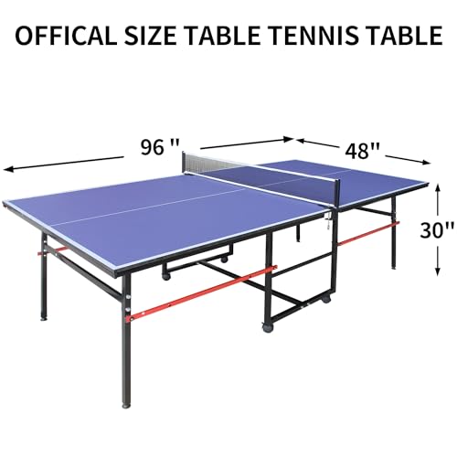 8ft Table Tennis Table Foldable, Outdoor Ping Pong Table Weatherproof, Portable Ping Pong Table Set with Net, 2 Table Tennis Paddles 3 Balls, Folding Ping Pong Tables, Table Tennis Equipment, Blue