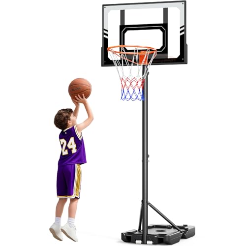 TONBUX Kids Basketball Hoop Outdoor, 3.5-7ft Stepless Adjustable Height, Portable Basketball Hoop for Kids in Backyard, Driveway and Indoor, Shatterproof PC Backboard - color: Black and Gray