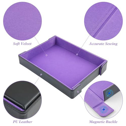 PU Leather Dice Tray Magnetic Folding Dice Rolling Mat with Purple Felt Lining for Dice Games Portable Tabletop Board Games Tray - color: Purple