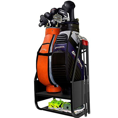 WALMANN Wall Mount Golf Bag Organizer Extra Large 2 Golf Bags Stand Golfing Equipment and Accessories Storage Rack for Garage Shed Basement