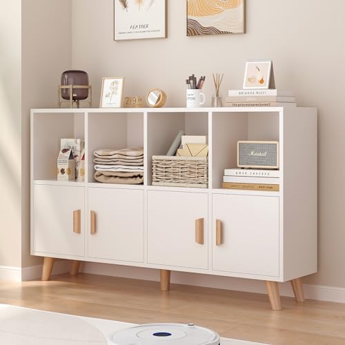 OSCHF Cubby Shelf Bookcase with Doors - Wooden 8 Cube Floor Standing Open Bookshelf with Solid Wood Legs, 2-Tier Low Storage Cabinet, Warm White - color: Warm White