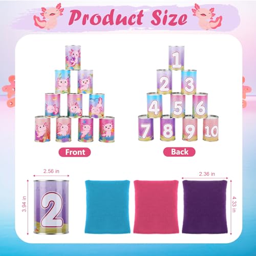 13 Pcs Axolotl Bean Bag Toss Game for Carnival Party, with 10 Tin Cans and 3 Bean Bags, Pink Cartoon Family Party Game for Birthday Festival Indoors Outdoors Activities Supplies