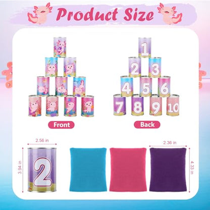 13 Pcs Axolotl Bean Bag Toss Game for Carnival Party, with 10 Tin Cans and 3 Bean Bags, Pink Cartoon Family Party Game for Birthday Festival Indoors Outdoors Activities Supplies