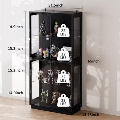 Display Cabinet with Glass Doors 4 Tier Glass Display Case with RGB LED Lights Display Cases for Collectibles Adjustable Shelves Display Case, for Game Room, Living Room, Bedroom, Black - color: Black