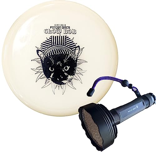 GlowBob Glow in The Dark Midrange Disc Golf Night Light Up Grip PDGA Approved Premium Plastic Recharge Cat Bob Stamp Black Blue Flashlight Combo Packs (GlowBob Black + Jumbo Flashlight)
