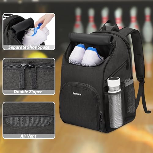 Bosynoy Bowling Backpack, Bowling Ball Bag Totes for Single Ball with Shoe Compartment & Foam Padded, Fits Shoes Up to US Mens Size 16, Grey - color: Black