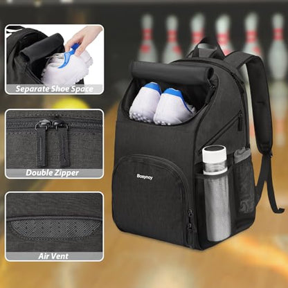 Bosynoy Bowling Backpack, Bowling Ball Bag Totes for Single Ball with Shoe Compartment & Foam Padded, Fits Shoes Up to US Mens Size 16, Grey - color: Black