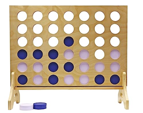 Giant 4 in a Row Game for Family & Adults – Tailgating Pros Jumbo Natural Wooden Four in a Row Indoor Outdoor Yard Game for Family Party Fun, Portable Activities for Patio, Backyard, and Camping - color: Blue / White