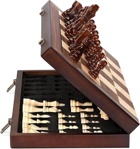 Rinten Magnetic 15" Wooden Chess Set, Portable Travel Folding Chess Board Sets Strategy Game for Adults Chess Lovers, Beginners - color: Wood-brown, size: 15 IN