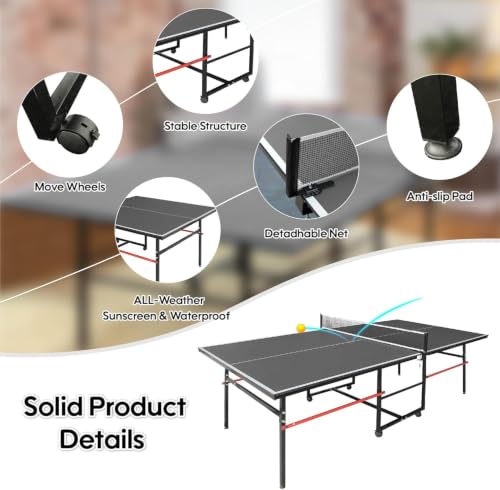 8X4FT Foldable Ping Pong Table,Professional Table Tennis Table with Net, 2 Table Tennis Paddles and 3 Balls - Tournament Quality for Indoor/Outdoor - color: Black