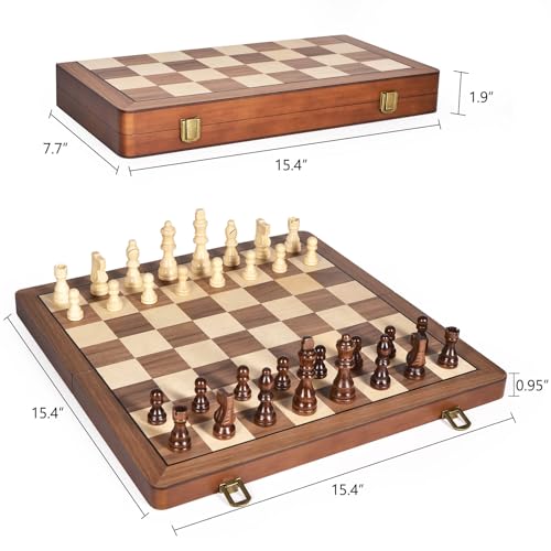 ELONGDI 15" Wooden Chess Set with Magnetic Pieces - Extra Queens - Folding Chessboard Portable Travel Tournament Chess Board Games for Adults Kids - size: 15 Inches