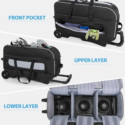 GOBUROS 3 Ball Roller Bowling Bag with Multi Accessory Pockets and Shoes Compartment, Fits 2 Pairs of Size 16 Shoes, 3 Ball Bowling Bags with Large Wheels and Retractable Handle Extends to 41.5"