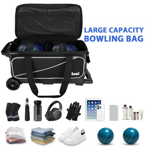 Goloni 3 Ball Bowling Bag with Wheels, 2+1 Double Roller Bowling Bag with Shoe Compartment,Tote Bag for Bowling Accessories - color: 2 Ball-Black