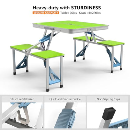 VINGLI 4Ft Portable Folding Picnic Table Camping Table Foldable Set with 4 Seats with Umbrella Hole Suitcase Card Table-220 Lbs Support Aluminum Frame, Plastic RV Tabletop for Yard, Travel-Black - color: Green