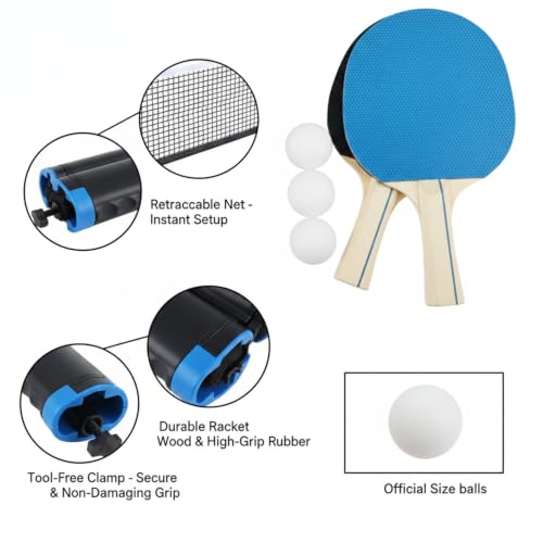 Portable Retractable Ping Pong Net Set with 2 Rackets & 3 Balls, Tool-Free Clamp for Any Flat Table - color: Black