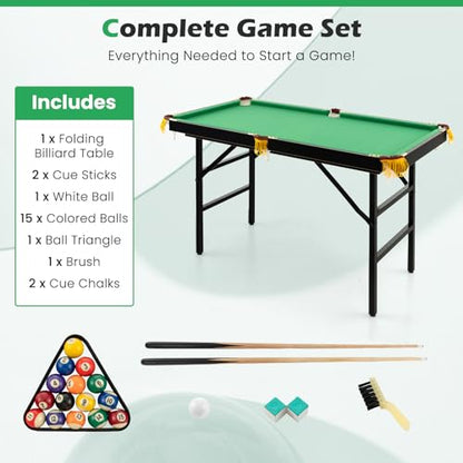 GYMAX Pool Table, 48’’ Foldable Billiard Tables with Balls, 2 Cue Sticks, Chalks and Brush, Mini Pool Table for Kids, Family, Party