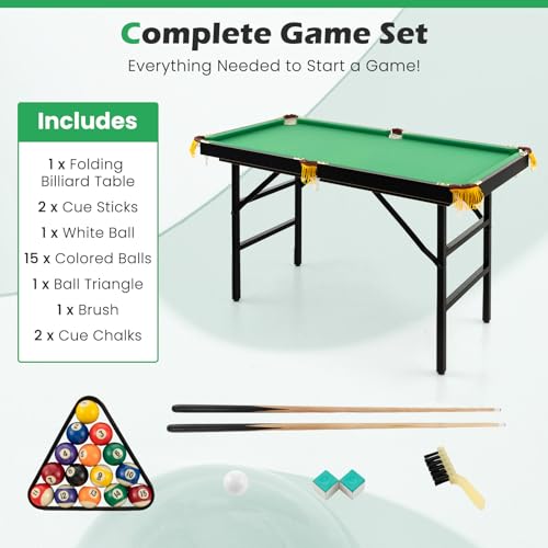 GLACER 48" Foldable Pool Table Set, Portable Billiards Table with 2 Cue Sticks, 16 Balls, Triangle Rack, 2 Chalks & Brush, Compact Folding Design for Kids, Indoor & Outdoor Use