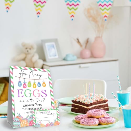 Eggs Easter Party Games for Adults Family Large Groups,Easter Games for Kids, How Many Eggs Are In The Jar,Birthday Party Game & Activities 50 Cards And Sign - size: easter