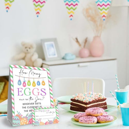 Eggs Easter Party Games for Adults Family Large Groups,Easter Games for Kids, How Many Eggs Are In The Jar,Birthday Party Game & Activities 50 Cards And Sign - size: easter