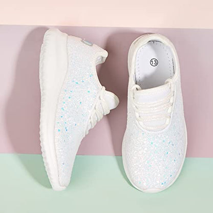 K KIP WOK Girls Glitter Sneakers Sparkle Slip On Walking Shoes for Kids/Children Breathable Running Sneakers - color: White2, size: 4 Big Kid
