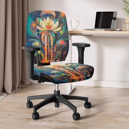 Lotus Flower Desk Chair Cover Stretchable 4-Piece Set Include Office Chair Arm Pads Elastic Washable Dustproof Seat Cover for Office Chairs with Backrest Pad for Home Use - color: Lotus Flower