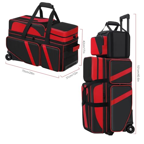 4 Ball Bowling Bag with Wheels, Bowling Bag 4 Ball Roller with Multi-pocket & Shoe Compartment & Retractable Handle, 3 Ball Roller Bag + 1 Ball Color Matching Add On Tote
