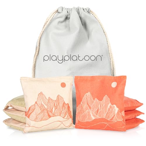 Professional Cornhole Bags - Set of 8 Regulation All Weather Double Sided - Sticky Side/Slick Side Bean Bags for Pro Corn Hole Game - color: Khaki / Tangerine Mountain Range