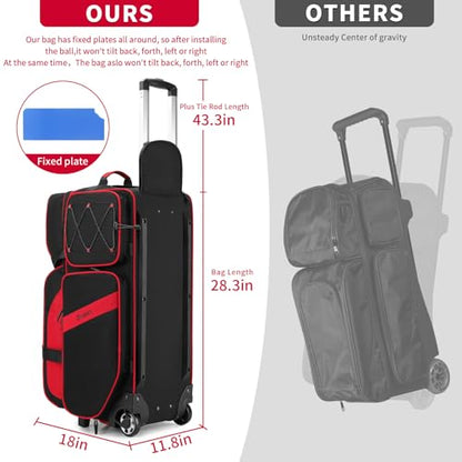 BOSSTIN 3 Ball Bowling Bags with Wheels, Secure Adhesive Fixed Ball Cup & Shoe Compartment, Bowling Ball Bag 3 Ball Roller with Multi-Pockets - color: Red