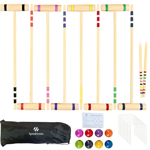 SpeedArmis 28In Croquet Party Set for 8 Players - Made of Long-Lasting Pine Wood, Family Fun for Backyards, Camping and More, Comes with Colorful Mallets, PE Balls, Wickets, Stakes, and Carrying Bag - color: Burlywood