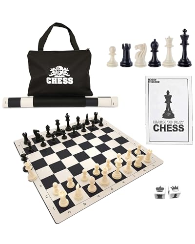 WE Games Best Value Tournament Chess Set - Includes 34 Chess Pieces, Roll Up Vinyl Chess Board, Chess Pieces, Chess Bag and Equalizer Dice, Travel Chess Sets for Adults